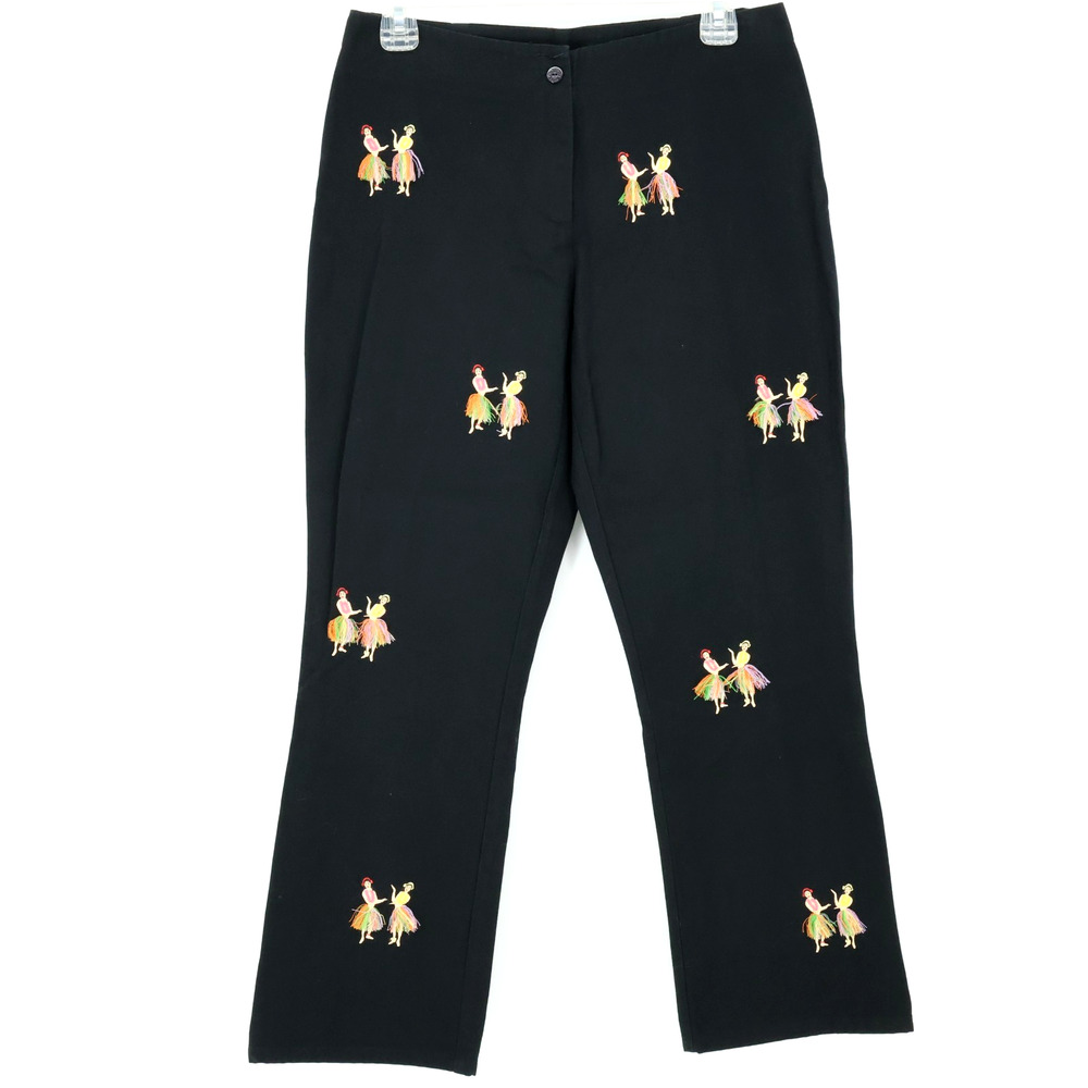 CJ Laing Dress Pants Womens 6 Black Cotton Embroidered Hula Girls Straight Leg